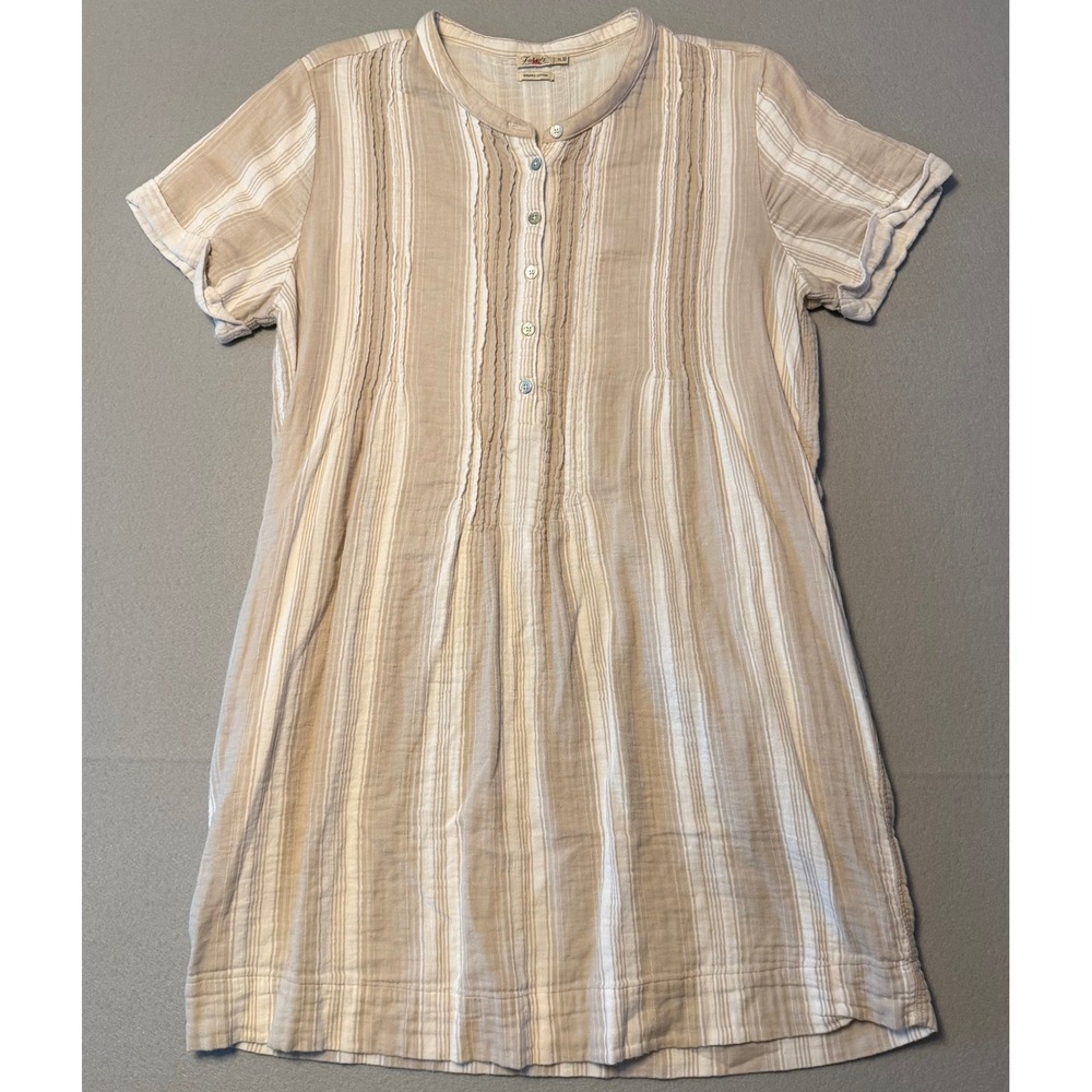 Faherty Sunwashed Gauze Pintuck Stripe Shirt Dress Tan White Women XL